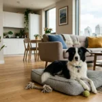 A black and white Border Collie lying comfortably on a grey dog bed in a bright, modern apartment living room, with large windows showing a city skyline in the background.