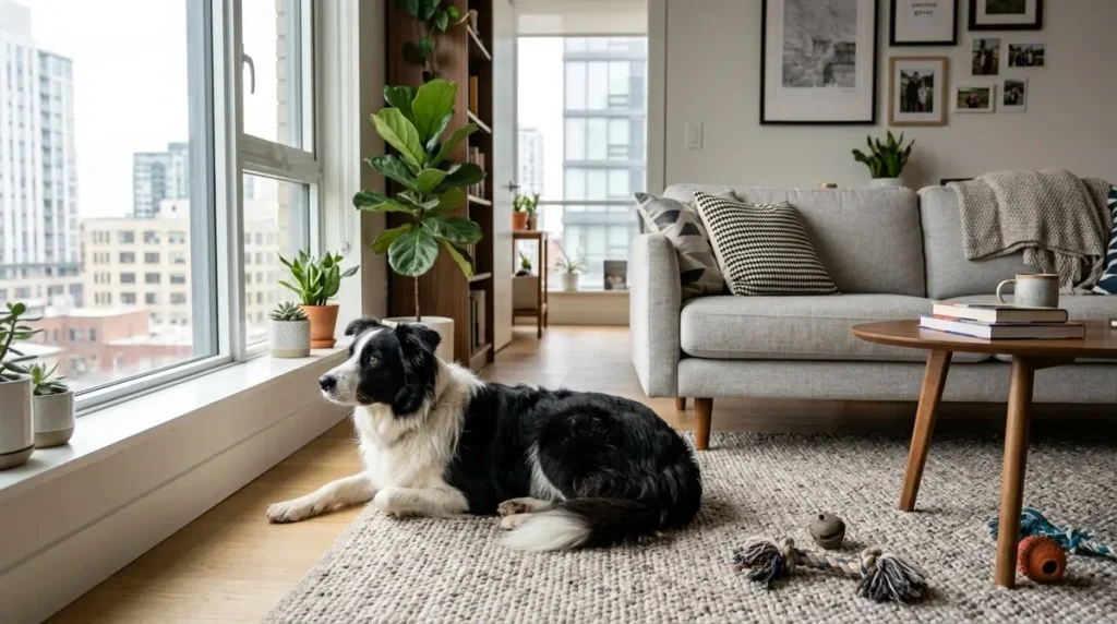 Border Collie Lifespan: Nurturing a Legacy of Love 7 A black and white Border Collie lying comfortably on a beige rug in a sunlit modern apartment living room, looking toward a large window with a city view, surrounded by a grey sofa, houseplants, and dog toys.