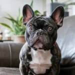 Black and white French Bulldog sitting alone on leather couch looking concerned