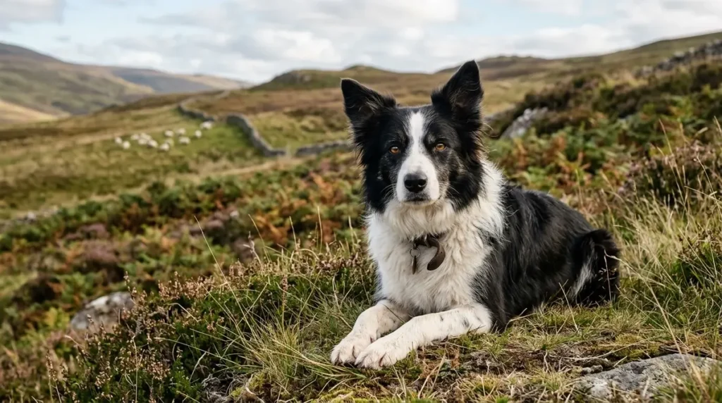 Border Collie Lifespan: Nurturing a Legacy of Love 5 A beautiful black and white Border Collie lying down on a grassy hillside with heather, looking directly at the camera with a calm and intelligent expression, set against rolling hills and a flock of sheep in the distance.