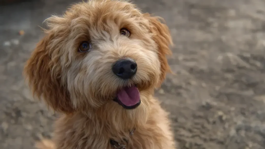 A cute photorealistic Goldendoodle dog with a soft, wavy coat, sitting calmly and looking at the camera