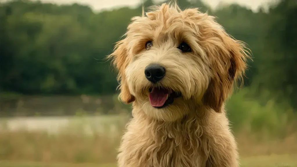 A close-up of an adorable photorealistic Goldendoodle with a soft, curly coat, looking directly at the camera with a gentle expression.