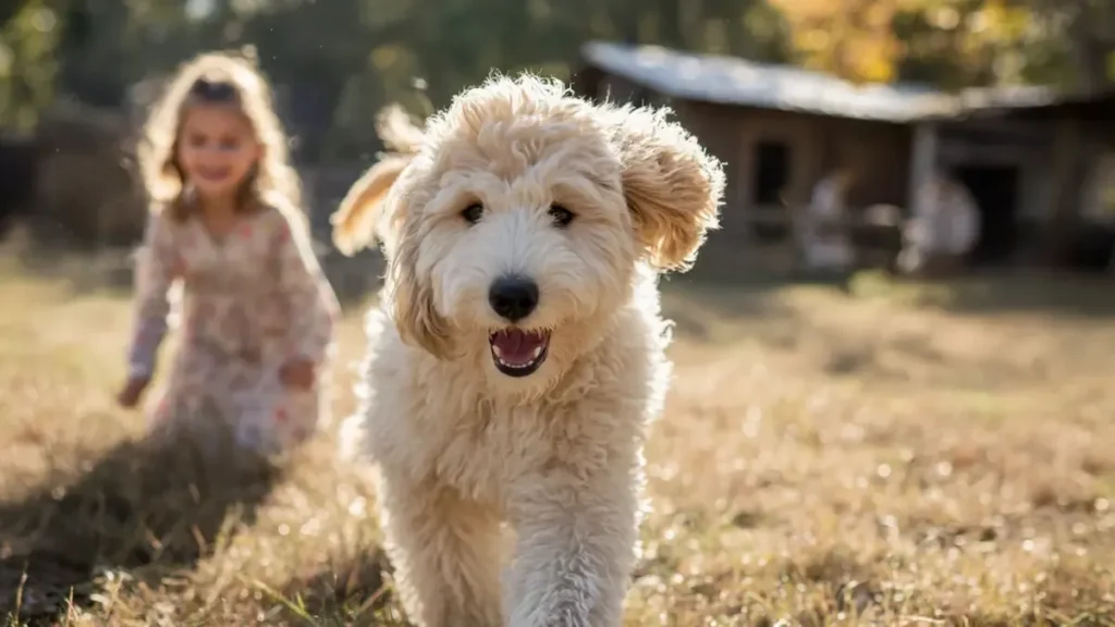 A happy Goldendoodle dog playing joyfully outdoors in a grassy area.