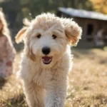 A happy Goldendoodle dog playing joyfully outdoors in a grassy area.
