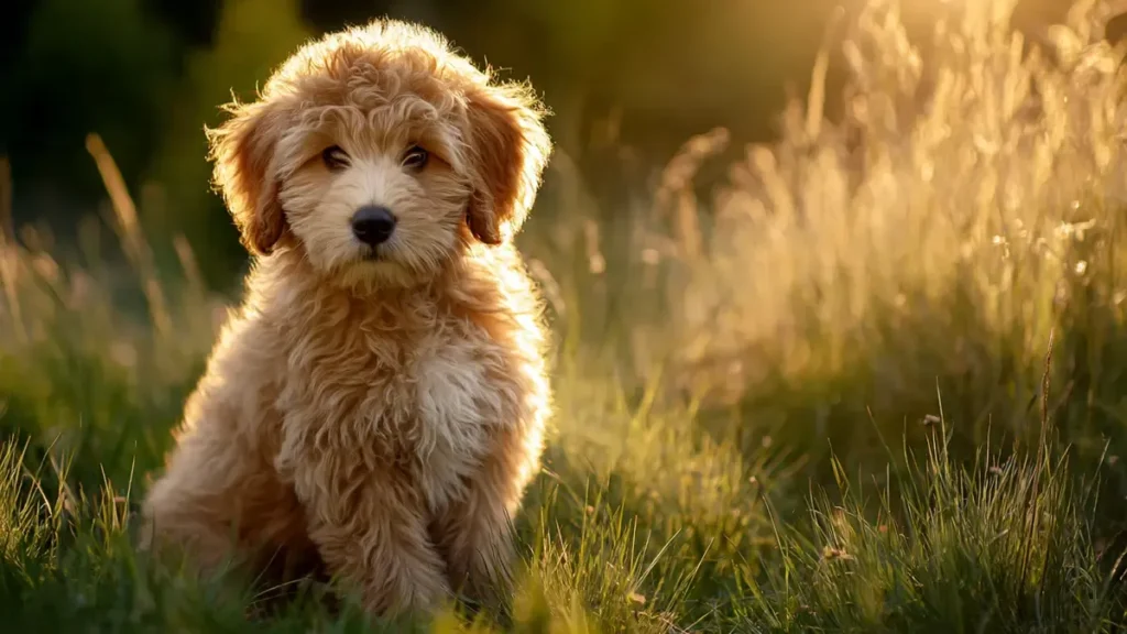 An adorable Golden Doodle puppy sitting on grass, looking playful and happy.