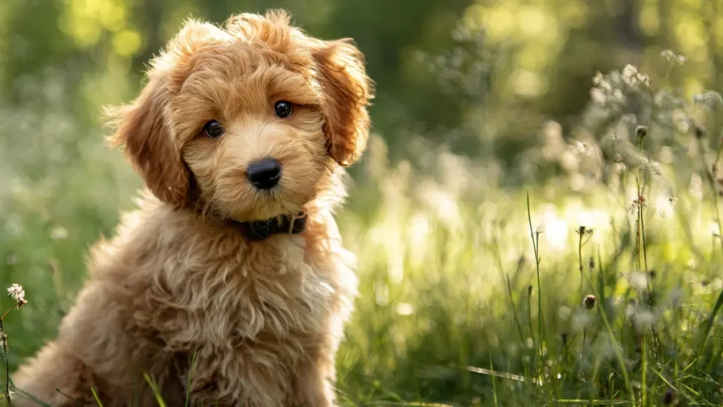 An adorable Golden Doodle puppy with a fluffy coat sitting in soft light, looking curious and playful."