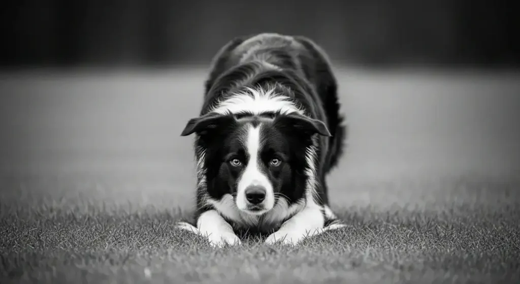 A striking black-and-white photograph of a Border Collie crouched low in a stalking position on lush green grass, with piercing blue eyes locked forward, perked ears, fluffy fur, and paws extended, evoking the breed's focused herding intensity against a softly blurred outdoor backdrop.