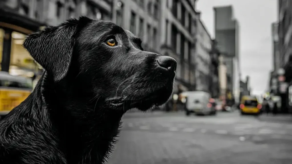 Black Labrador Retriever walking happily on a city street, showcasing its adaptability and friendly nature, ideal for urban families and active owners