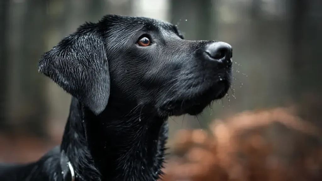 Black Labrador Retriever sitting outdoors, showcasing its friendly and loyal temperament, ideal for families