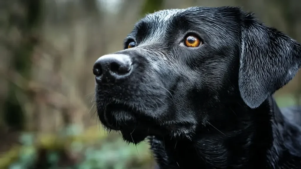 Black Labrador Retriever running happily outdoors, showcasing its energetic and playful personality, ideal for active families
