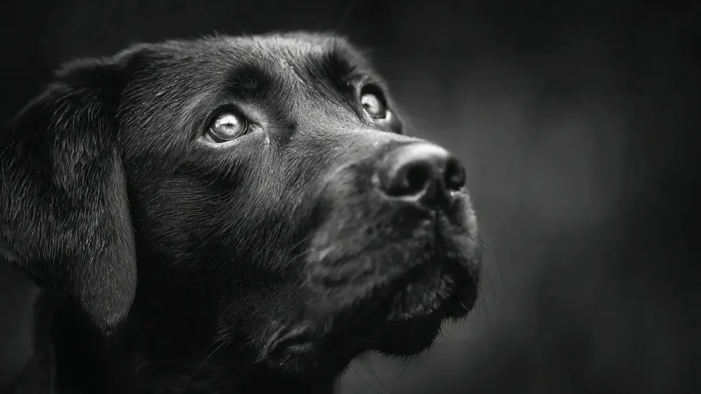 Black Labrador Retriever sitting calmly in a natural setting, showcasing its gentle and loyal temperament, perfect for families and first-time dog owners