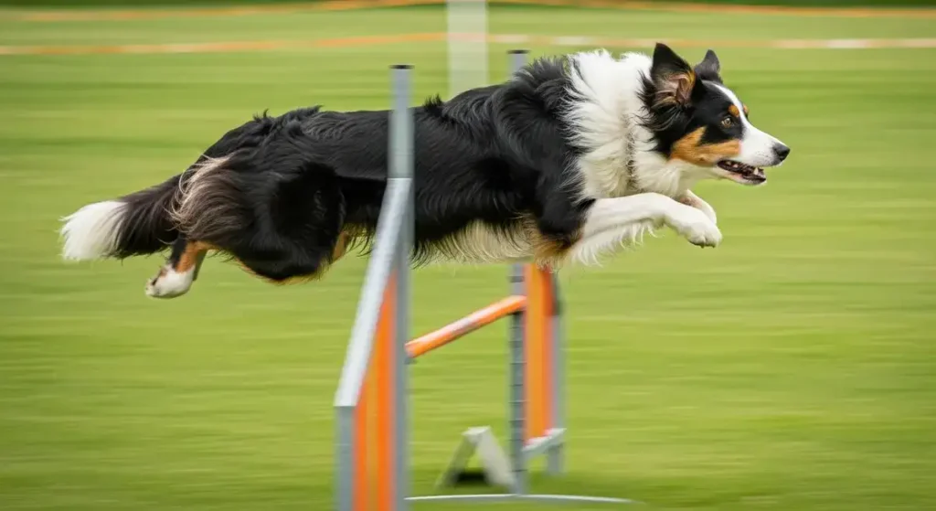 A dynamic black-and-white Border Collie with tan accents leaps gracefully over orange hurdles in mid-air during an outdoor agility obedience training competition, showcasing intense focus and athletic prowess on a lush green field.
