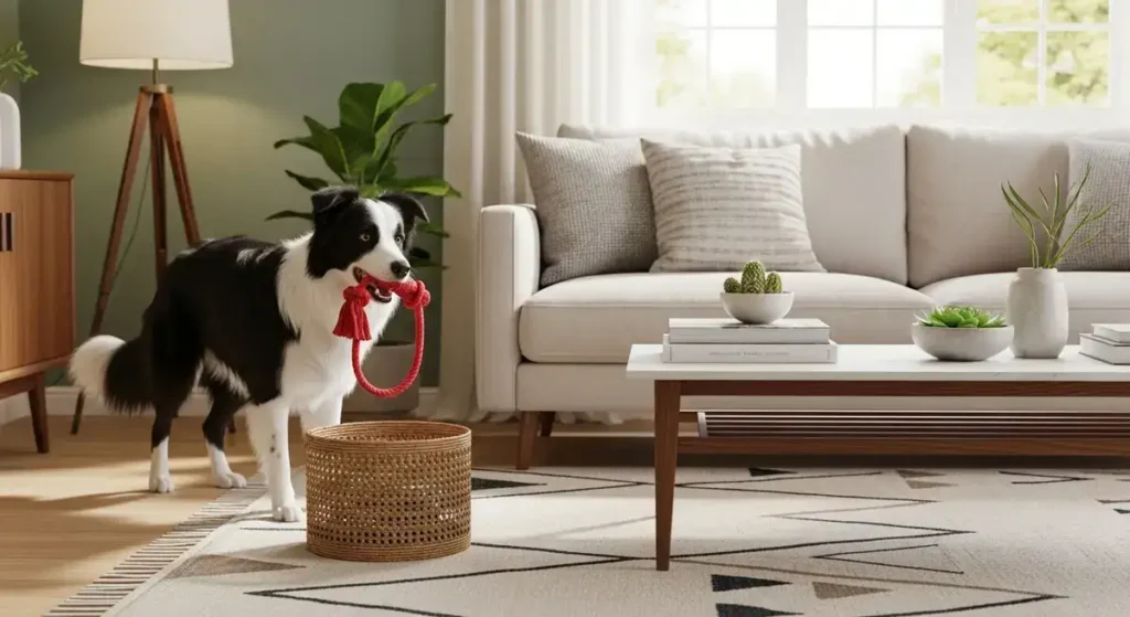 A fluffy black-and-white Border Collie with perked ears and bright eyes stands attentively on a light wooden floor in a sunlit modern living room, firmly holding a knotted red rope toy in its mouth, with a woven basket nearby, a cream-colored sofa adorned with throw pillows, potted plants, stacked books on a low coffee table, sheer curtains, and a floor lamp in the softly blurred background.