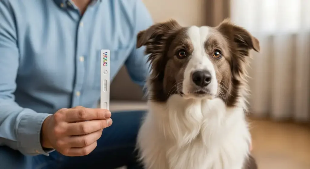 Border Collie Health Guide: Lifespan, Risks, and Care Tips (2026) 4 A smiling man in a blue shirt holds up a white DNA test tube labeled "DNA My Dog" with a colorful logo, standing next to a fluffy tri-color Border Collie with brown, white, and black fur, perked ears, and attentive brown eyes gazing forward, illustrating at-home Border Collie health genetic testing in a cozy indoor setting with wooden floors and soft window light.
