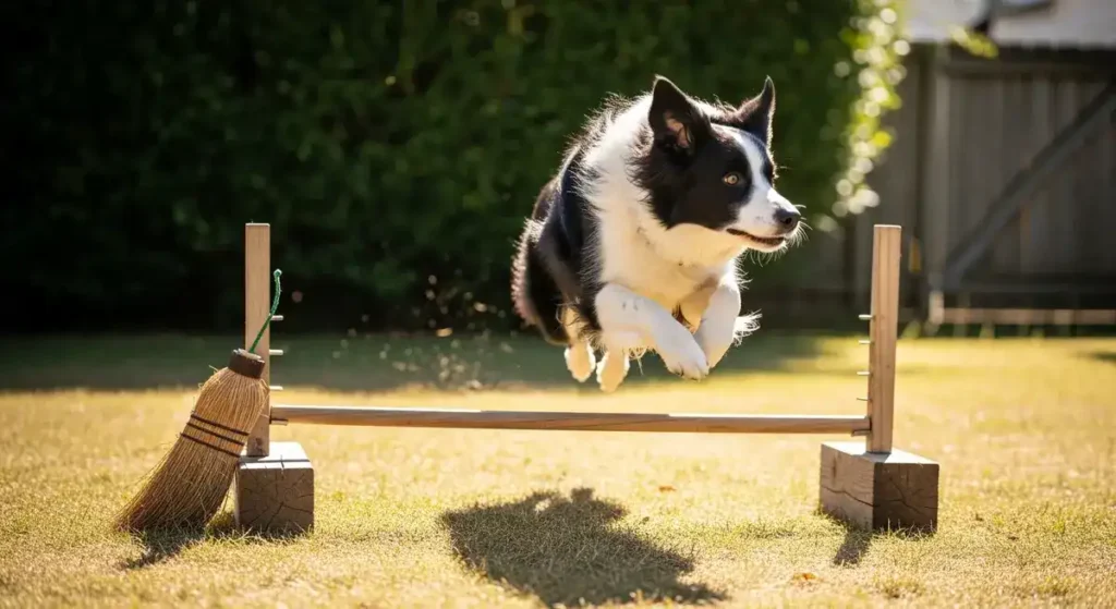 A fluffy black-and-white Border Collie with perked ears and determined expression jumps mid-air over a homemade wooden hurdle improvised with a broom handle in a sunny backyard, showcasing border collies and dog sports through energetic agility play on lush green grass with a blurred fence backdrop.