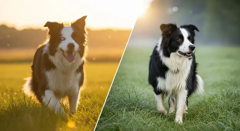 A split-image featuring a joyful black and white Border Collie dog; on the left, running happily through a golden field at sunset with fluffy, dry fur; on the right, sitting contentedly in a misty, dewy green meadow with sleek, wet fur post-grooming.
