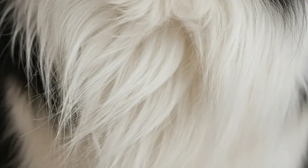 Macro close-up of a Border Collie's soft, fluffy white fur with subtle black accents, showcasing the intricate, voluminous texture and shine achieved through professional grooming.