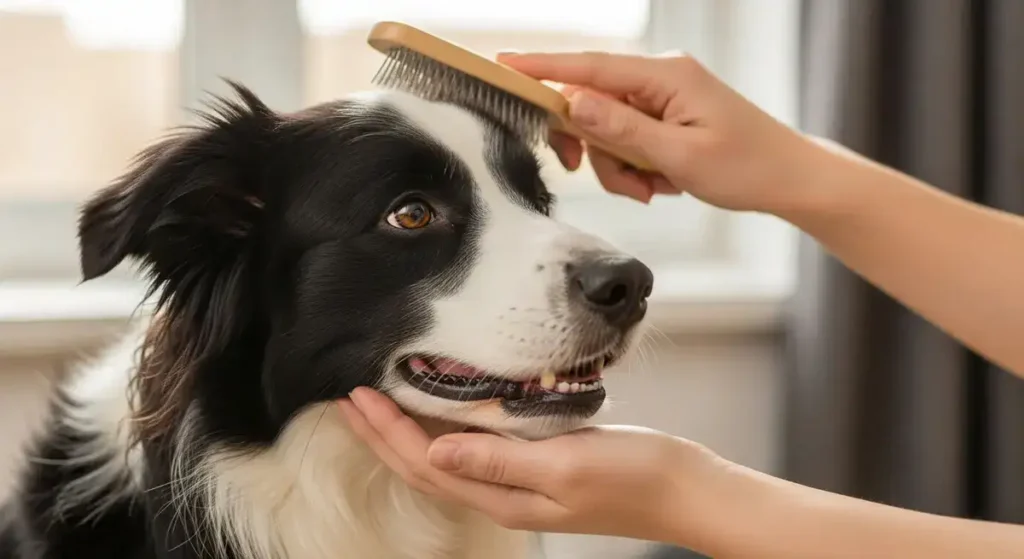 Close-up portrait of a happy black and white Border Collie with tongue out, being gently brushed by human hands using a wooden-handled slicker brush; soft indoor light filters through a nearby window with gray curtains.