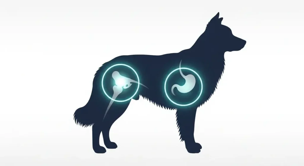 Silhouette illustration of Border Collie with cyan highlights on hip joint and stomach—key areas in Border Collie health for joint and digestive wellness.