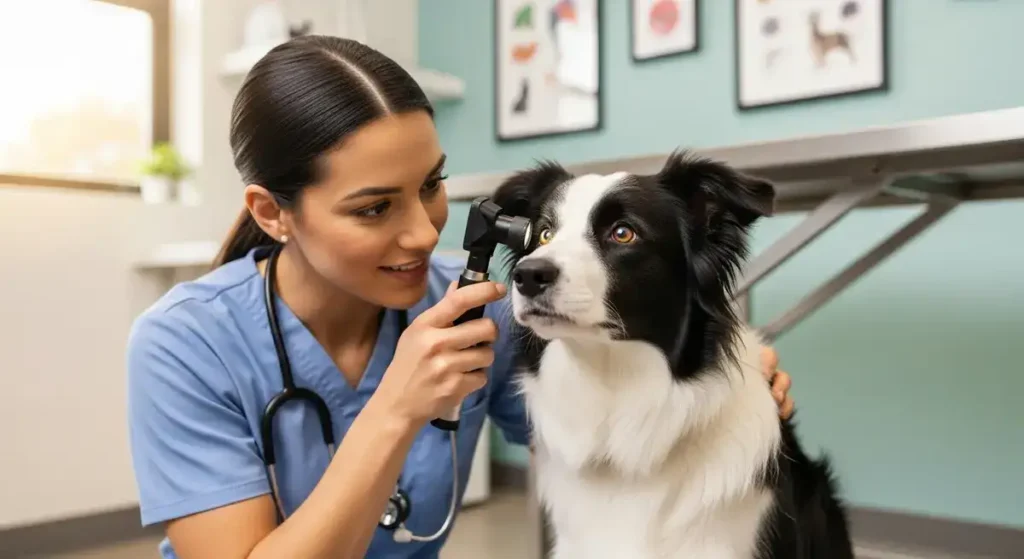 Border Collie Health Guide: Lifespan, Risks, and Care Tips (2026) 3 A caring female veterinarian in blue scrubs and stethoscope gently examines the eye of a fluffy black-and-white Border Collie during a routine Border Collie health assessment with an ophthalmoscope in a bright, modern veterinary clinic, the dog sitting attentively on a stainless steel exam table with soft natural light filtering through a window.