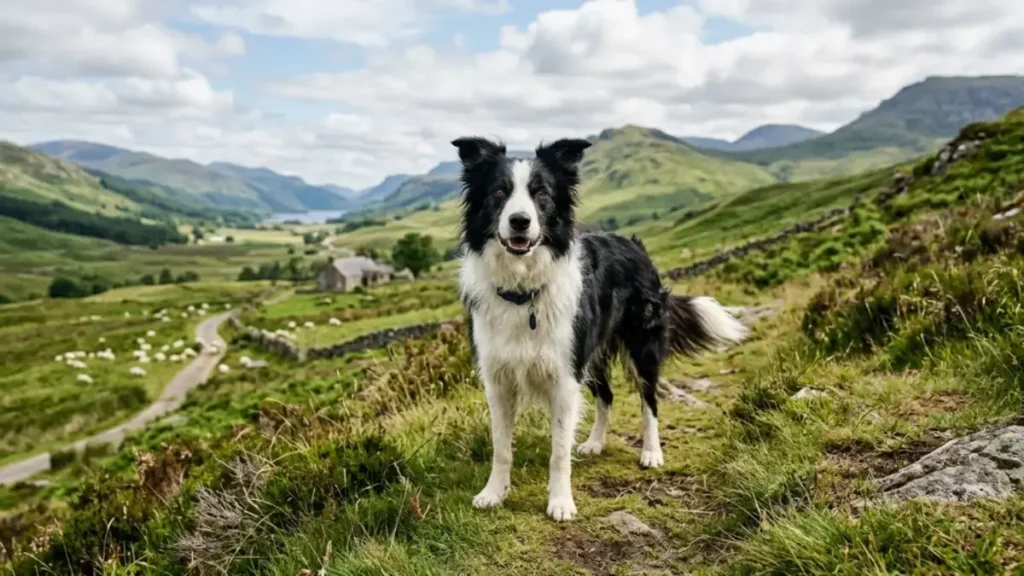 Border Collie Lifespan: Nurturing a Legacy of Love 2 A black and white Border Collie standing alert on a grassy hillside overlooking rolling green valleys and mountains, with a flock of sheep in the background.
