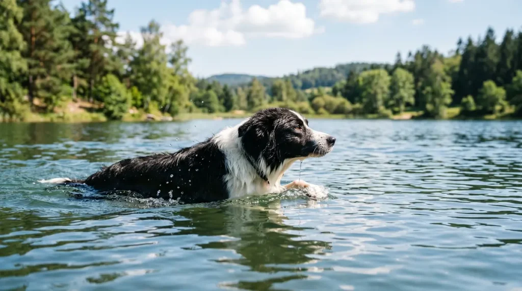 Border Collie Lifespan: Nurturing a Legacy of Love 3 A black and white Border Collie swimming energetically in a clear blue lake, with water splashing around it, against a scenic backdrop of green trees and hills on a sunny day.