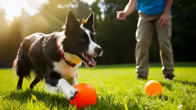 Border Collie plays with a ball