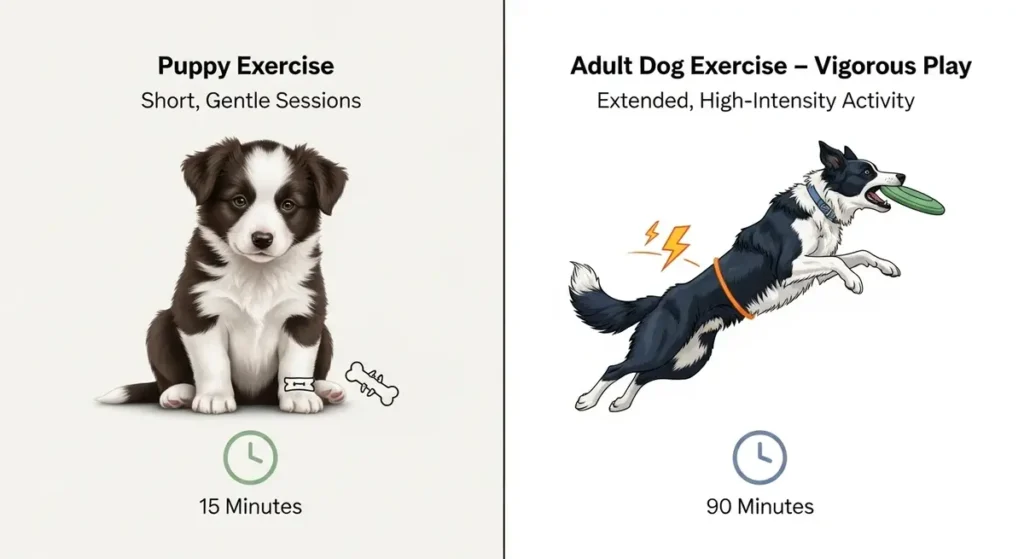 The Ultimate Border Collie Exercise Guide: Needs, Games & Training 3 Infographic split into two panels comparing exercise for Border Collie dogs. Left: Cute black-and-white puppy sitting with a bone toy, labeled "Puppy Exercise: Short, Gentle Sessions, 15 Minutes." Right: Energetic adult Border Collie leaping to catch a green frisbee with yellow lightning bolts, labeled "Adult Dog Exercise – Vigorous Play: Extended, High-Intensity Activity, 90 Minutes."