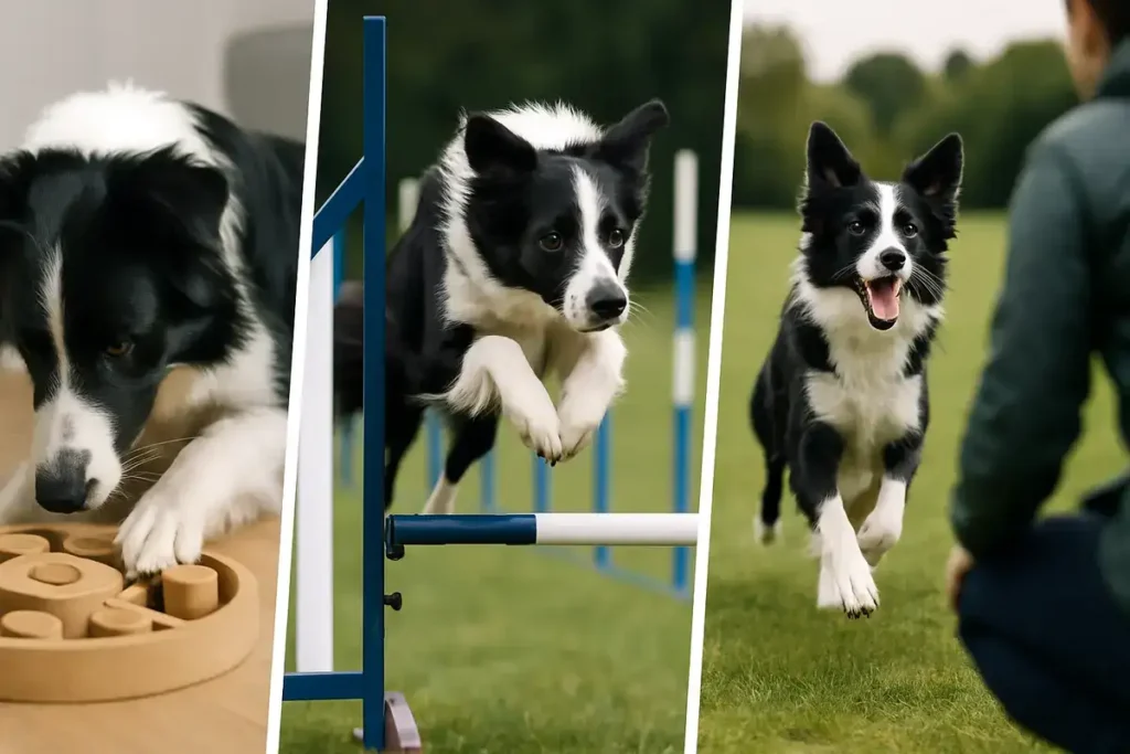 A vibrant tri-panel collage of a black-and-white Border Collie in action: left panel shows the dog pawing at a wooden treat puzzle on a neutral floor; middle panel captures it mid-jump over blue agility hurdles on green grass; right panel depicts it sprinting happily toward a blurred figure in a lush outdoor field.