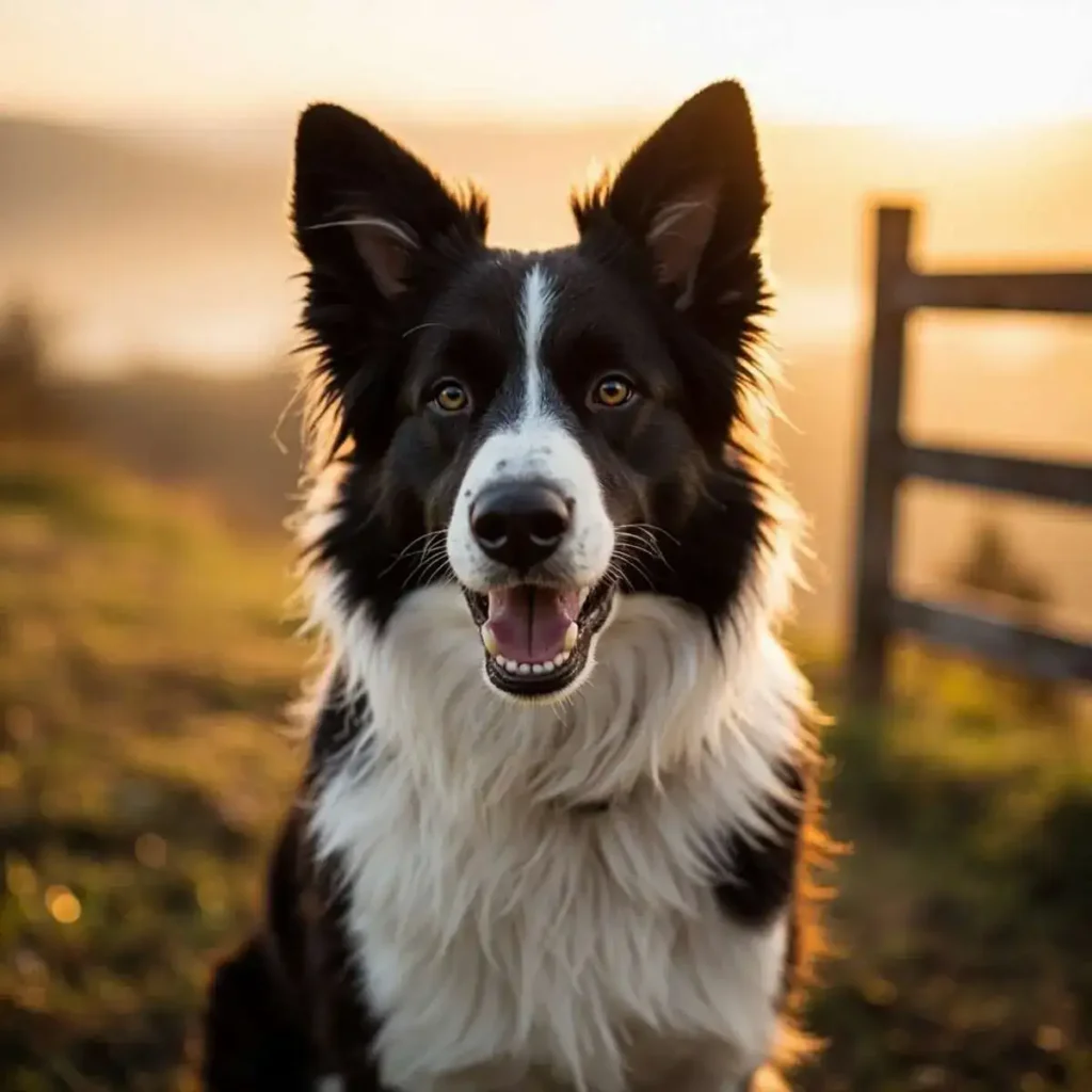 A joyful black and white Border Collie sitting attentively with tongue out and perked ears, set against a warm golden hour sunset, featuring a blurred wooden fence and grassy hillside in the background.