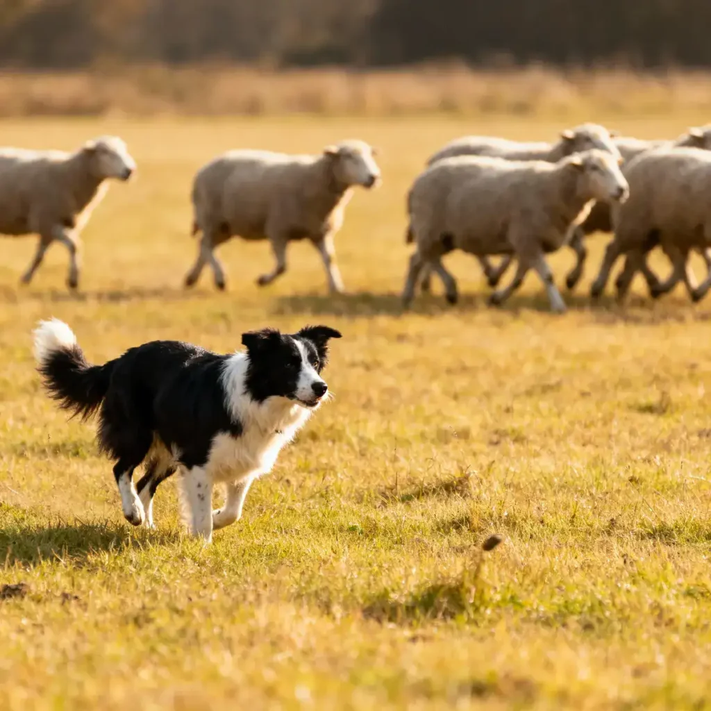 A focused black and white Border Collie running dynamically in a golden field at sunset, herding a small flock of white sheep in the blurred background, with autumnal trees on the horizon.