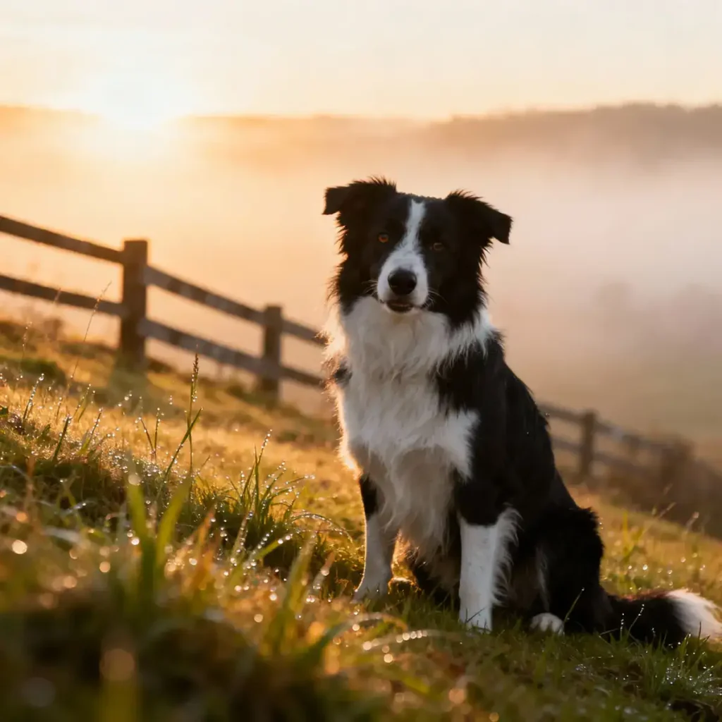 A serene black and white Border Collie sitting on dew-kissed grass in a misty golden sunrise, with a wooden fence and hazy hills in the softly blurred background.