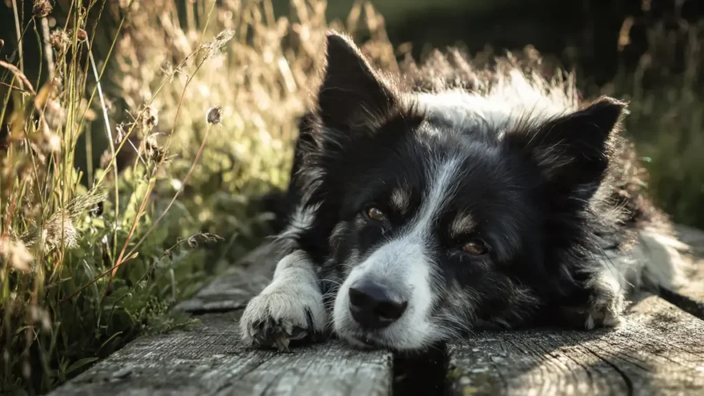 Border Collie Sleep: The Guide for Exhausted Owners 6 Border Collie resting peacefully after a busy day of play and exercise, highlighting the need for 12–14 hours of recovery sleep for high-energy, intelligent working dogs