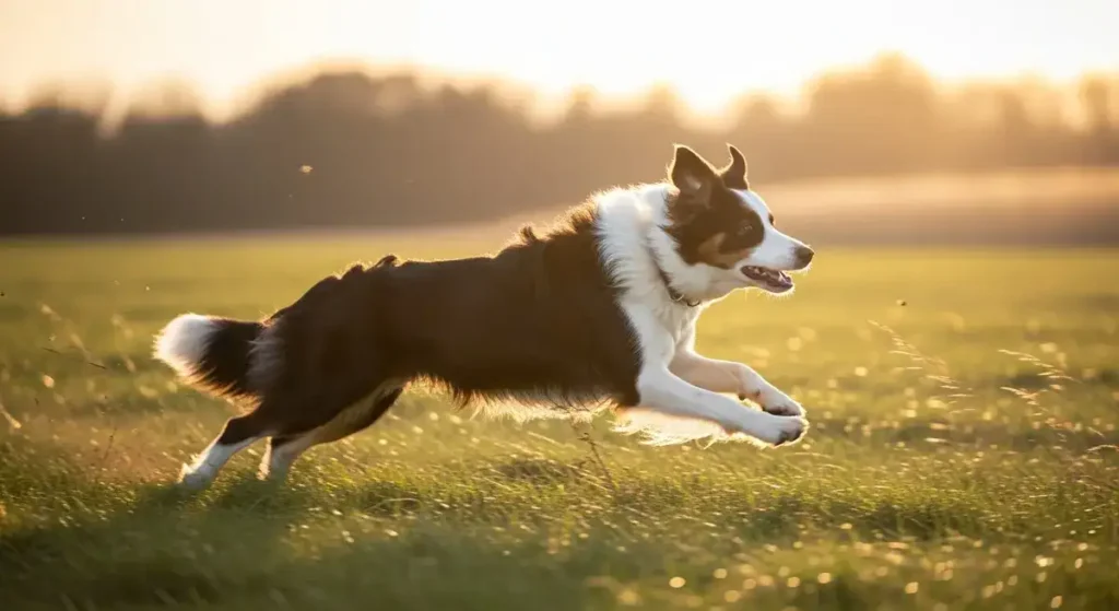 Black-and-white Border Collie running dynamically across green meadow at sunset, ears perked and tongue out—highlighting thrilling Border Collie exercise in action
