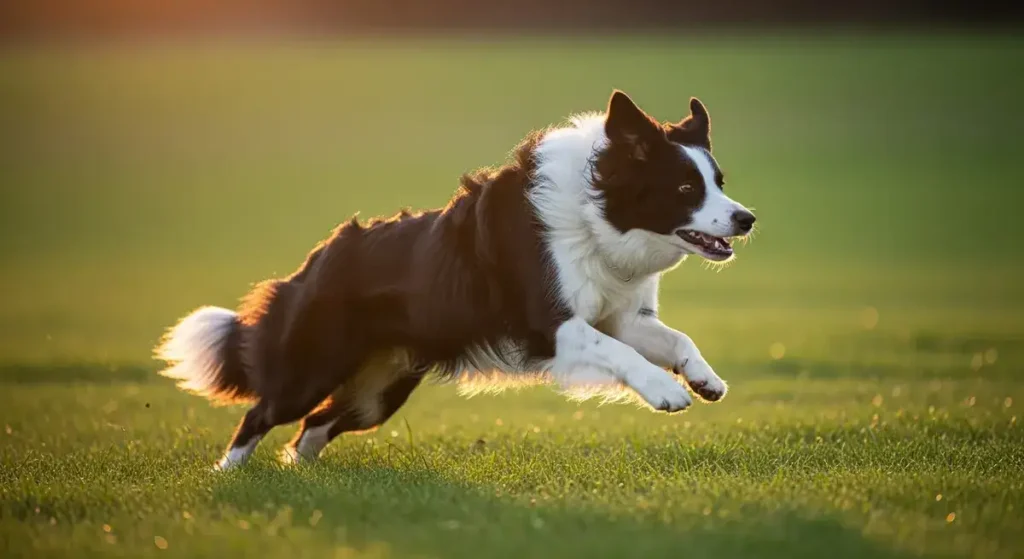 Border Collie Health Guide: Lifespan, Risks, and Care Tips (2026) 2 A dynamic black-and-white Border Collie with fluffy fur, perked ears, and joyful expression mid-leap across a lush green field during golden hour, tongue playfully out, embodying the breed's athletic vitality and common coat variations.