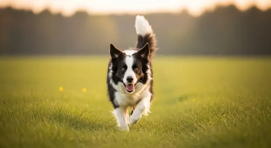 A joyful black-and-white Border Collie with perked ears and tongue out runs dynamically across a vibrant green field during an outdoor obedience training session, captured in golden hour light with blurred autumn trees in the background.