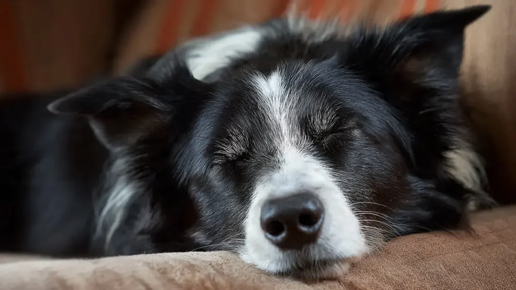 Border Collie Sleep: The Guide for Exhausted Owners 3 Border Collie sleeping peacefully in a cozy bed, illustrating the need for 12–14 hours of rest daily to support the mental and physical health of high-energy, intelligent working dogs