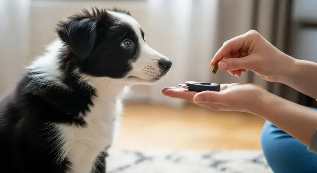 A wide-eyed black-and-white Border Collie puppy sits attentively on an indoor wooden floor, gazing up at a trainer's hand offering a small treat as a reward during a grooming obedience training session, with nail clippers held in the other hand nearby.