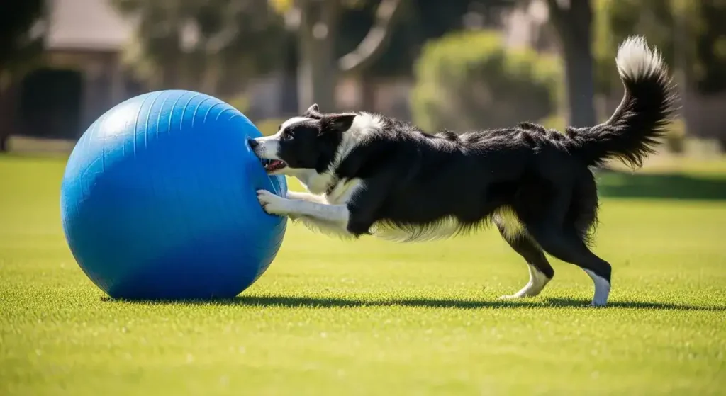 A dynamic black-and-white Border Collie with perked ears, fluffy fur, and joyful expression lunges forward with mouth open and front paw extended to nudge a large blue exercise ball across a vibrant green grass field during a Treibball game, with a blurred outdoor park backdrop of trees and a distant building under sunny skies.