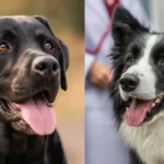 A Border Collie and a Labrador Retriever standing side by side in a natural outdoor setting. The Border Collie is alert and focused, while the Labrador is relaxed and wagging its tail, showcasing their contrasting temperaments and physical traits.