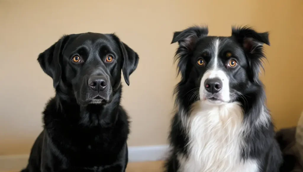 A Border Collie and a Labrador Retriever in action, showcasing their different energy levels and temperaments. The Border Collie is crouched and focused, likely herding or solving a task, while the Labrador is joyfully playing fetch with a ball in its mouth, tail wagging.