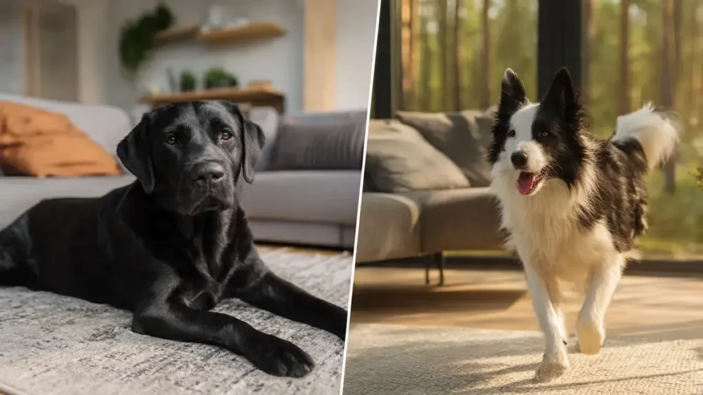 A split-scene image showing a Border Collie herding sheep in a rural field on the left, and a Labrador Retriever playing with children in a backyard on the right. The Border Collie is focused and agile, while the Labrador is gentle and interactive with the kids.