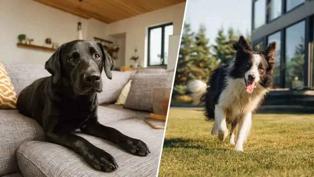 A side-by-side comparison of a Border Collie and a Labrador Retriever in a natural outdoor setting. The Border Collie is crouched and focused, embodying its herding instincts, while the Labrador is sitting happily with a wagging tail, showcasing its friendly and sociable nature.