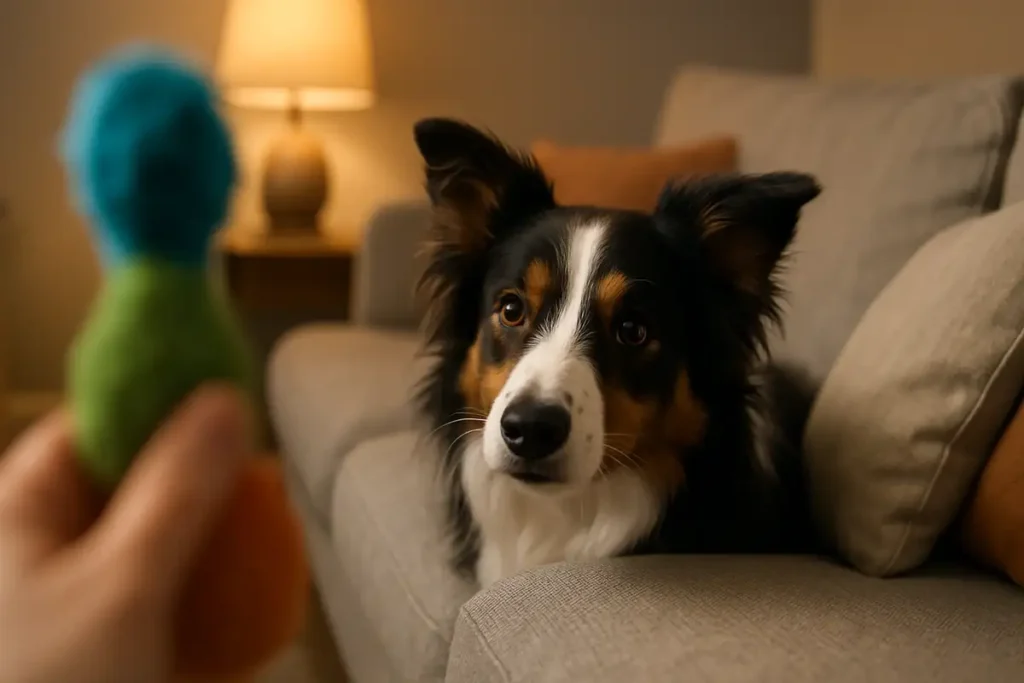 The Ultimate Border Collie Exercise Guide: Needs, Games & Training 8 Tri-color Border Collie peeking curiously from behind gray sofa in warm living room, eyes on green-and-blue toy in hand—capturing fun, safe indoor Border Collie exercise with hide-and-seek.