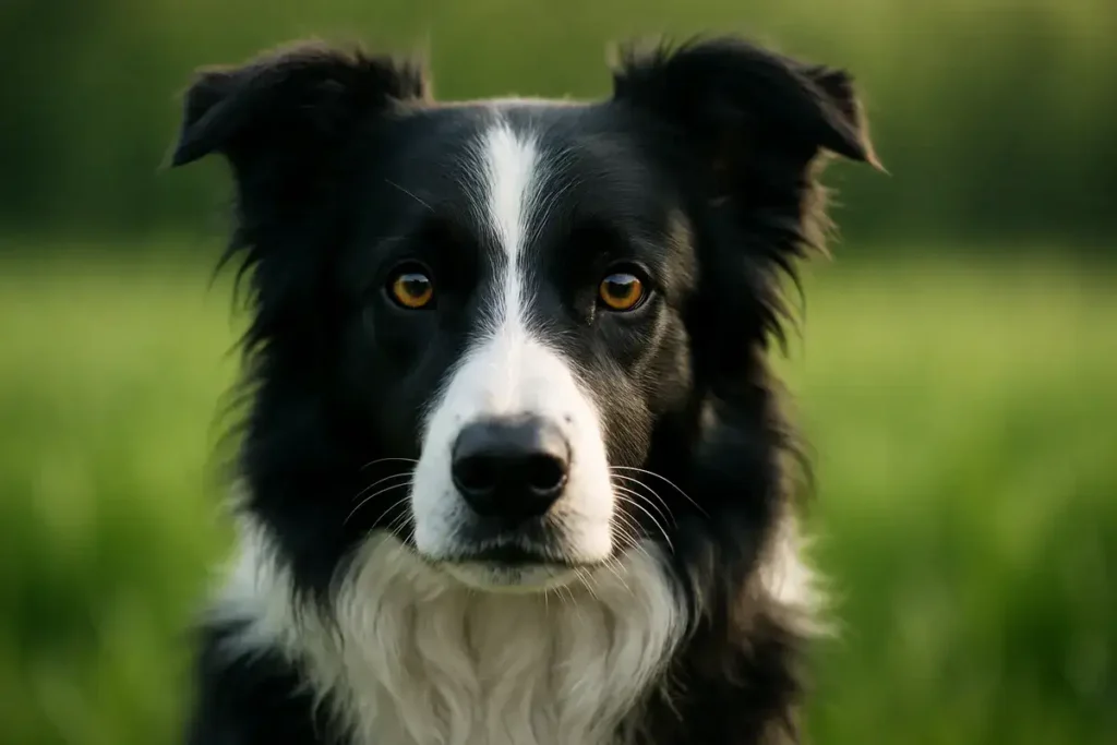 The Ultimate Border Collie Exercise Guide: Needs, Games & Training 2 Close-up portrait of a black-and-white Border Collie with intense amber eyes staring alertly, blurred green field background—ideal for inspiring Border Collie exercise and mental stimulation routines