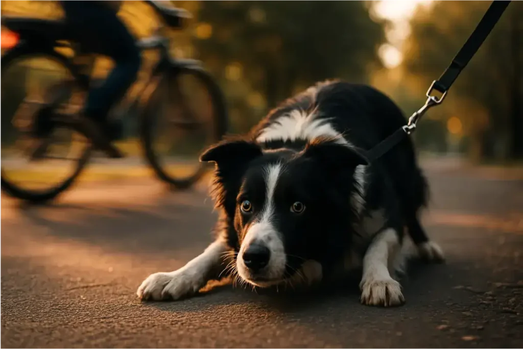 A striking black-and-white Border Collie sits alert on a paved path, its fluffy fur catching the warm golden light of sunset; the dog leans forward with paws extended, wide blue eyes locked in a curious, intense stare directly at the camera, a black leash clipped to its collar leading off-frame, while a blurred cyclist in dark clothing pedals by on a bike against a backdrop of autumnal trees with yellowing leaves and soft-focus greenery.