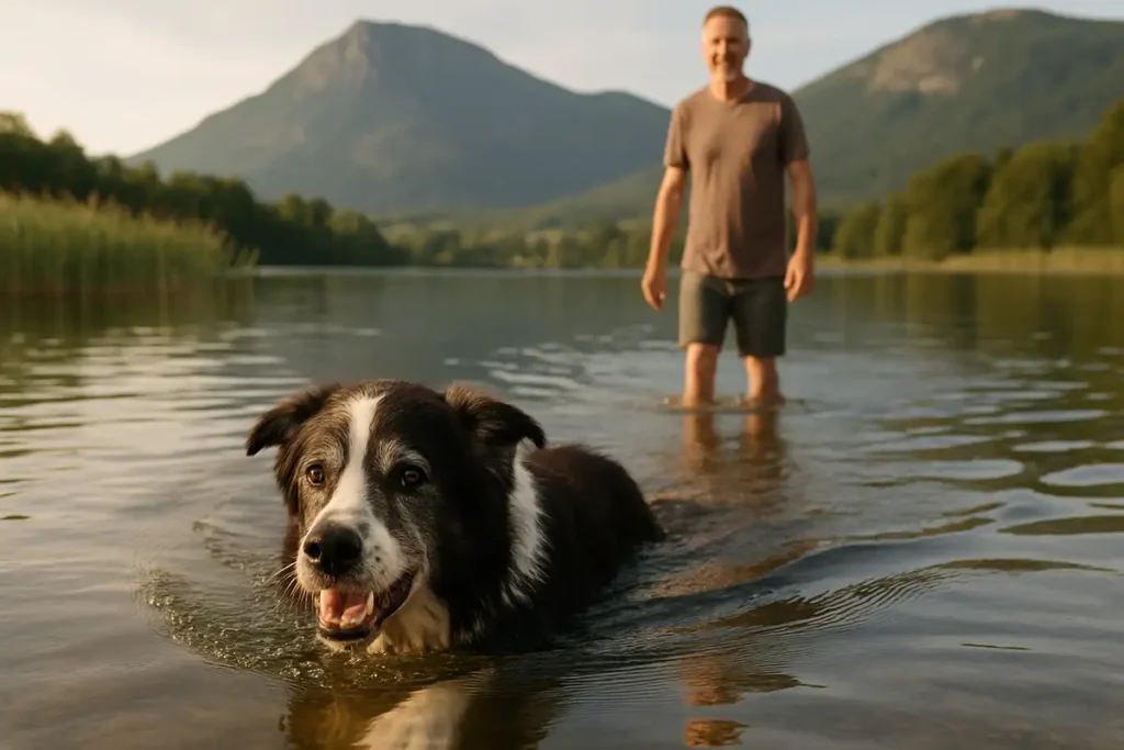 The Ultimate Border Collie Exercise Guide: Needs, Games & Training 6 Energetic black-and-white Border Collie herding sheep across green pasture, action stride with focused gaze - capturing the core of effective Border Collie exercise routines.