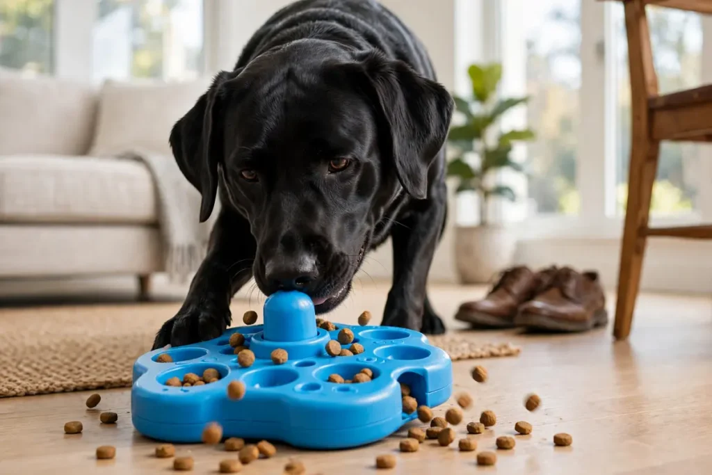 Labrador Behavior Problems: Common Issues and How to Fix Them 4 Labrador Behavior Problems – Black Labrador focused on a blue puzzle feeder toy with scattered kibble on the floor