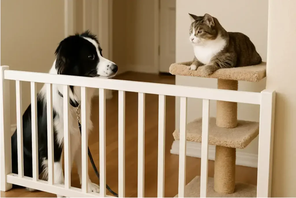 A curious black-and-white Border Collie on a leash peers through a white wooden baby gate at a relaxed gray tabby cat lounging on the top shelf of a sisal scratching post in a light-filled living room with hardwood floors.