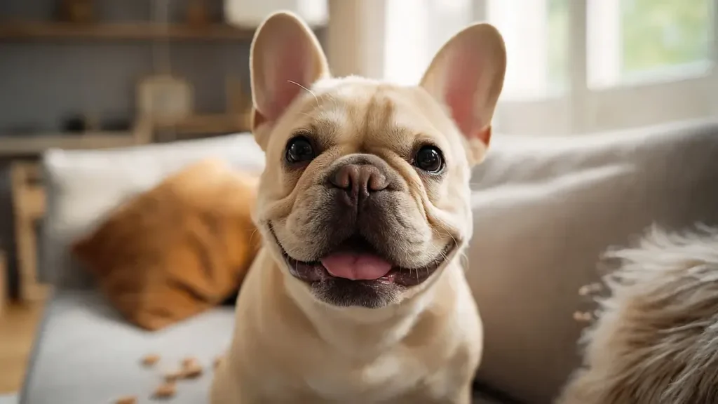 A close-up of a French Bulldog sitting on a couch with visible short, stiff hairs scattered on the fabric. The dog looks adorable but slightly guilty, highlighting the reality of French Bulldog shedding in a home setting.